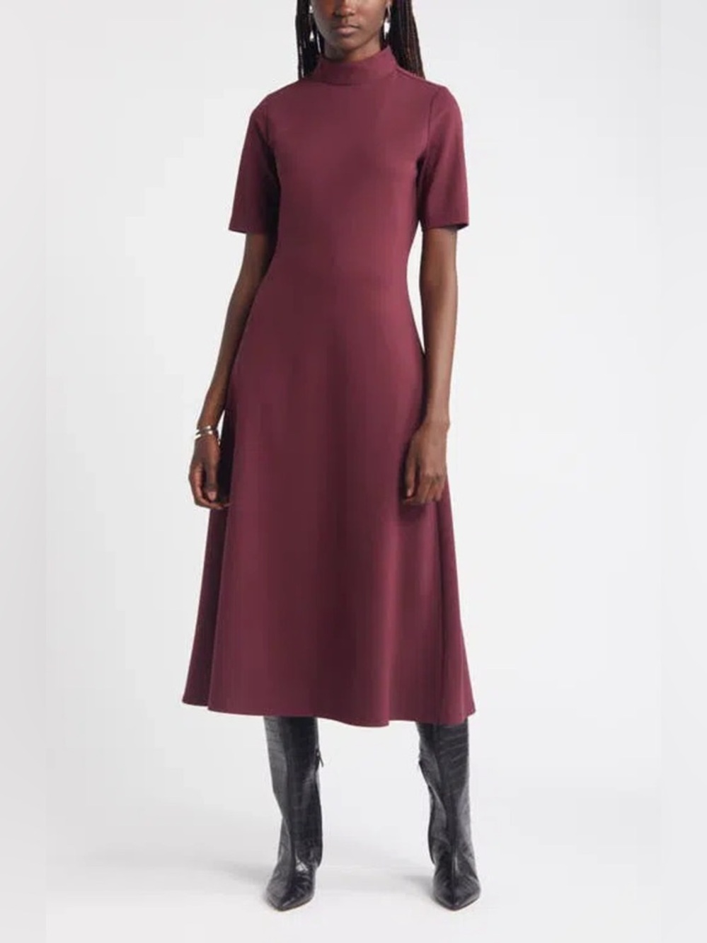 Nordstrom Mock Neck Ponte Knit Fit & Flare Dress In Burgundy Royale